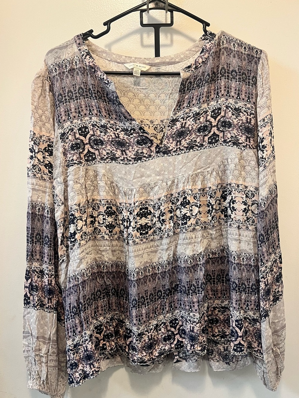 Lucky Brand Neutral Multi Printed V-Neck Boho Blouse